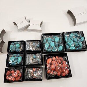 Avon Fiji Bliss Beaded Bracelet Long Necklace Hoop Earrings Turquoise & Coral